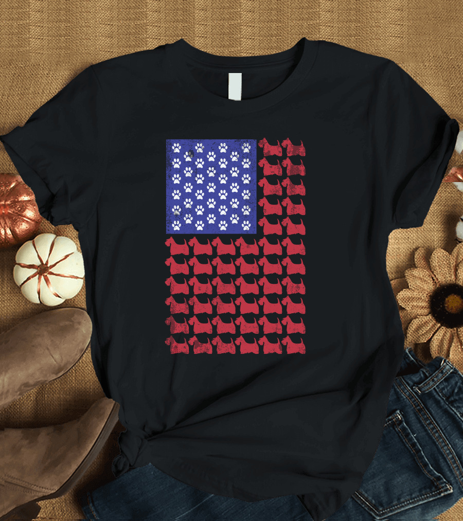 Scottish Terrier Paw Print American Flag T-Shirt