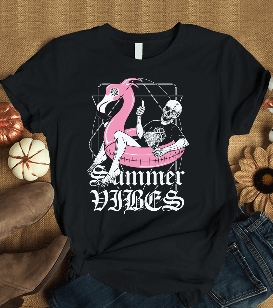 Summer Vibes Skeleton Float Flamingo Chill T-Shirt