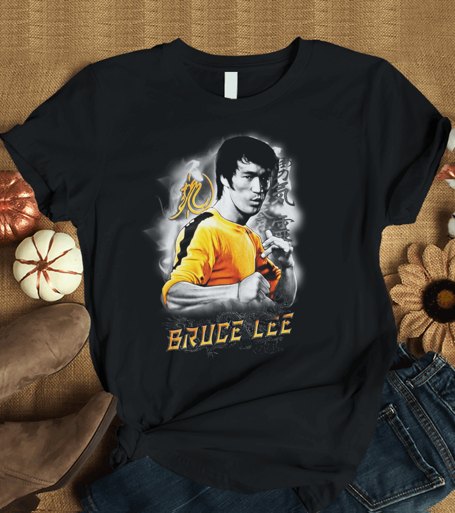 Bruce Lee Yellow Jumpsuit Iconic Pose with Chinese Symbols T-Shirt