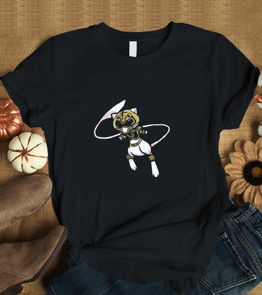 White Ranger Cat with Helmet and Power Whip T-Shirt