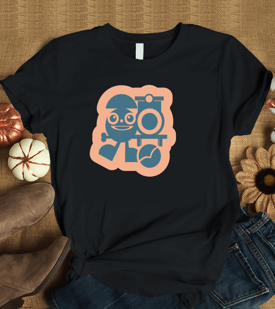 Cartoon Train Conductor with Locomotive and Ball T-Shirt