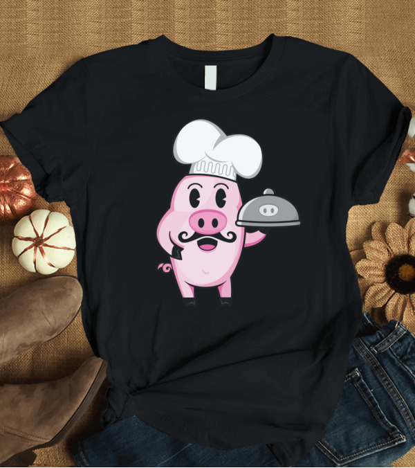 T-Shirt: Chef Piggy Whimsical Cartoon Character with Chef Hat and Tray T-Shirt Chef Piggy Whimsical Cartoon Character with Chef Hat and Tray T-Shirt