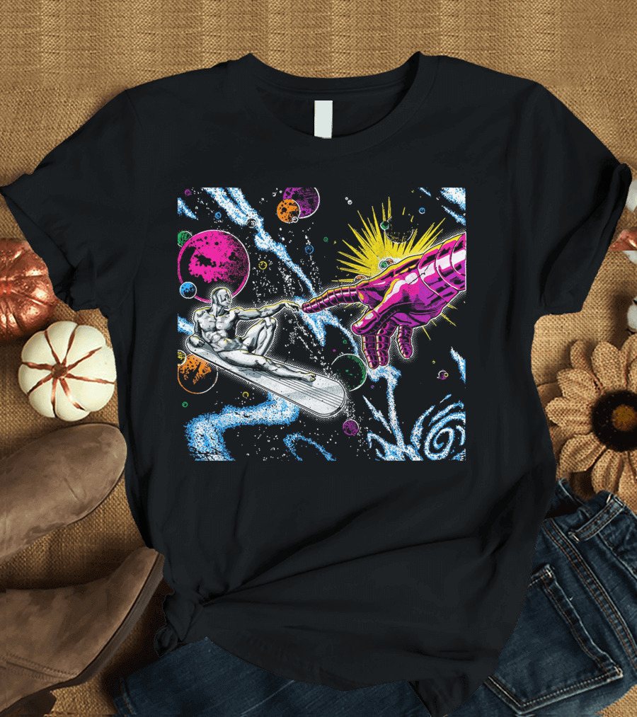 Silver Surfer and Galactic Hand Among Colorful Planets and Cosmic Swirls T-Shirt