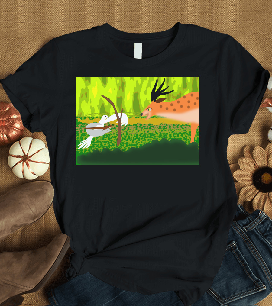 Dove with Bow Facing Spotted Deer in Forest Scene T-Shirt