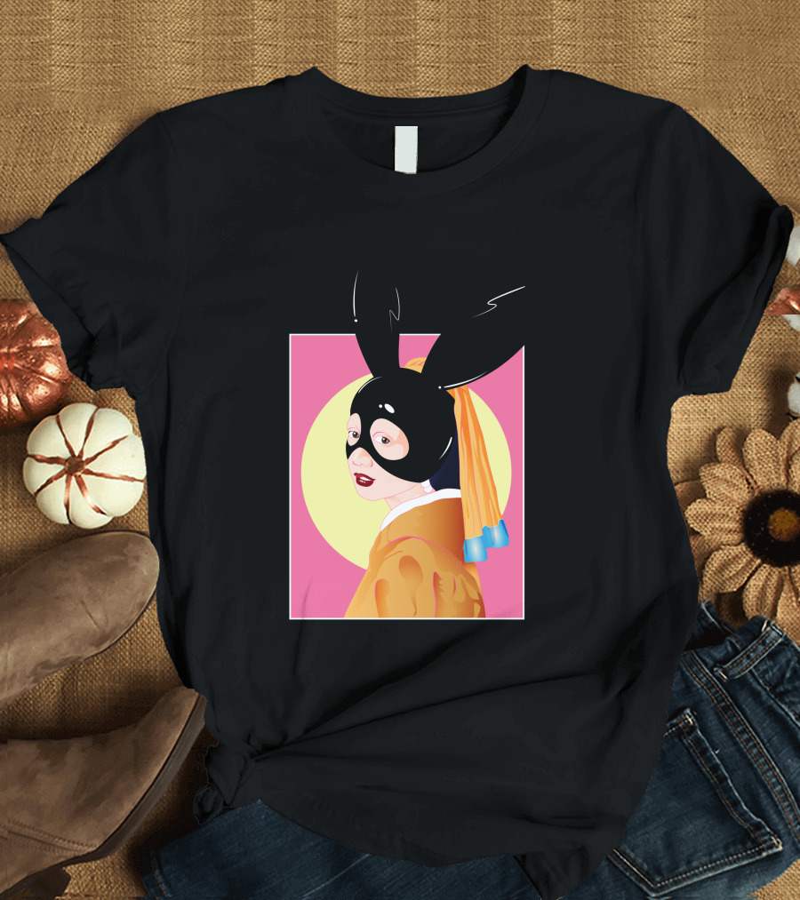 A Girl in Kimono with Black Rabbit Mask and Bold Yellow and Pink Background T-Shirt