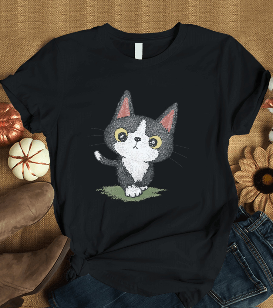 Black Kitten Chalk Style Drawing Walking on Grass T-Shirt