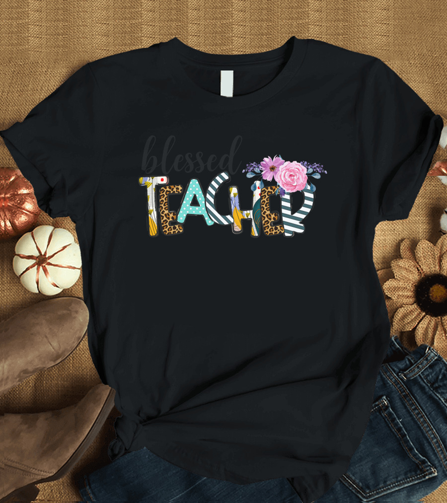 Blessed Teacher Floral and Patterned Typography with Flowers T-Shirt