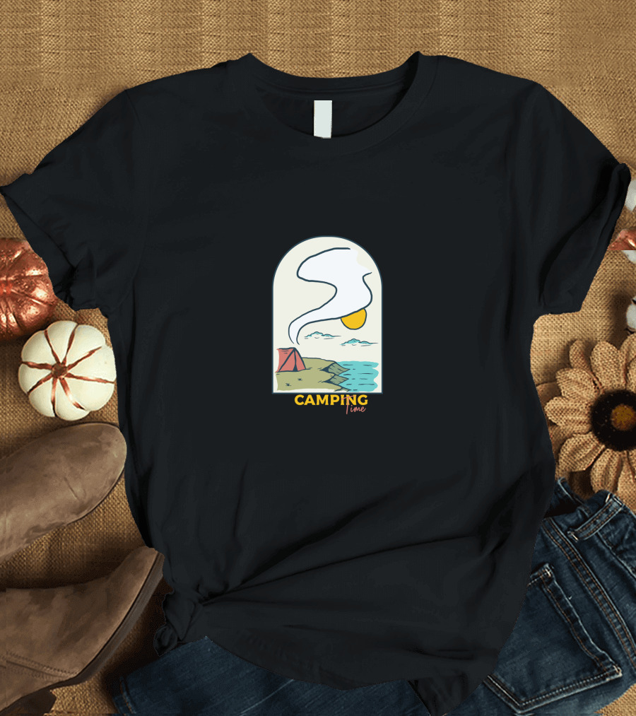 Camping Time Tent Sun and Lake Scene T-Shirt