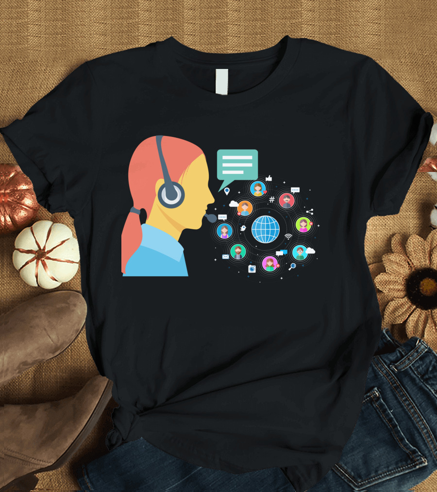 Global Communication Network with Headset and Social Connectivity Icons T-Shirt