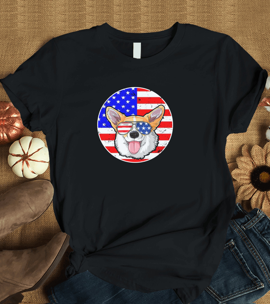 Corgi Dog Wearing American Flag Sunglasses Patriotic 4th Of July T-Shirt