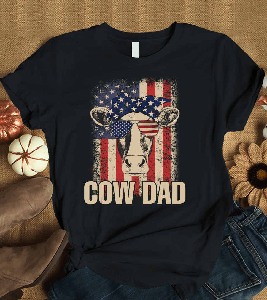Cow Dad American Flag Patriotic 4th of July USA Glasses Bandana T-Shirt