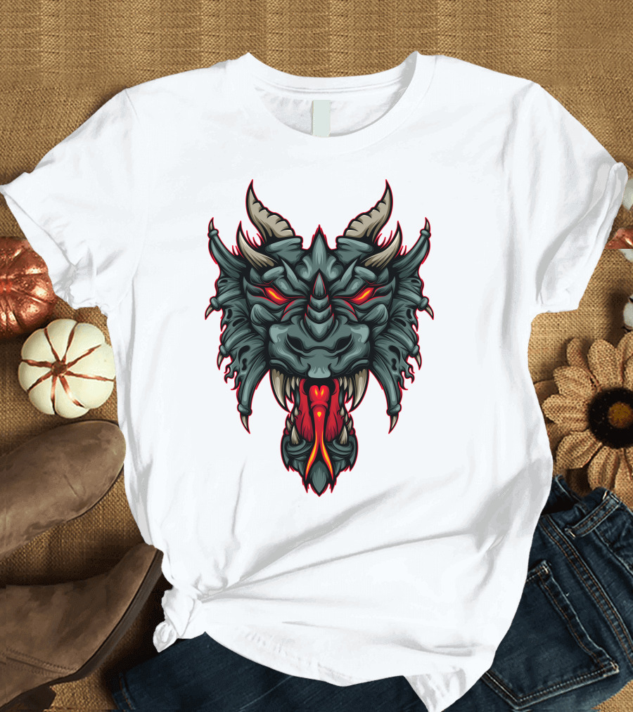 Dragon Head with Fiery Eyes and Horns T-Shirt