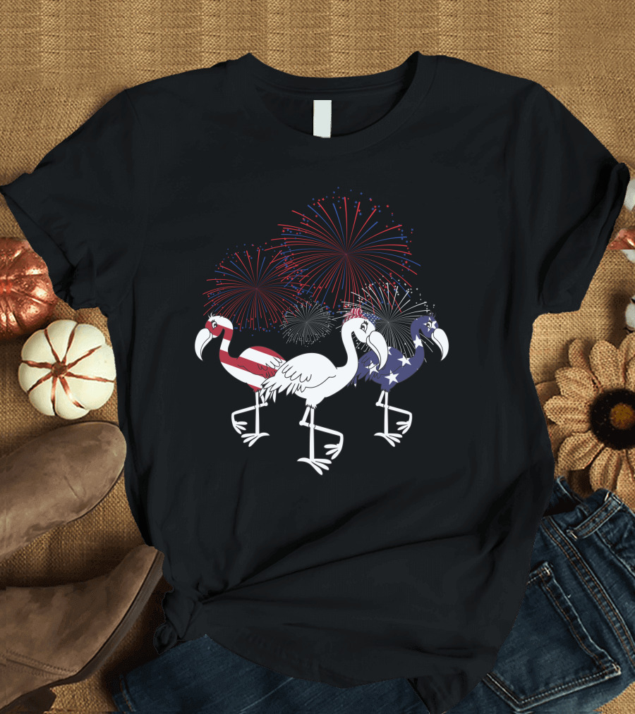 Flamingo American Flag Firework 4th of July Patriotic T-Shirt