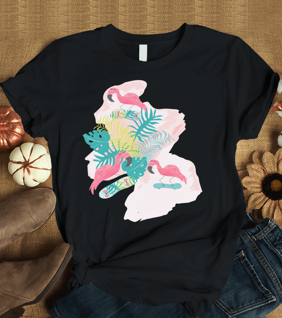 Flamingos Skateboarding Tropical Leaf Vibes T-Shirt