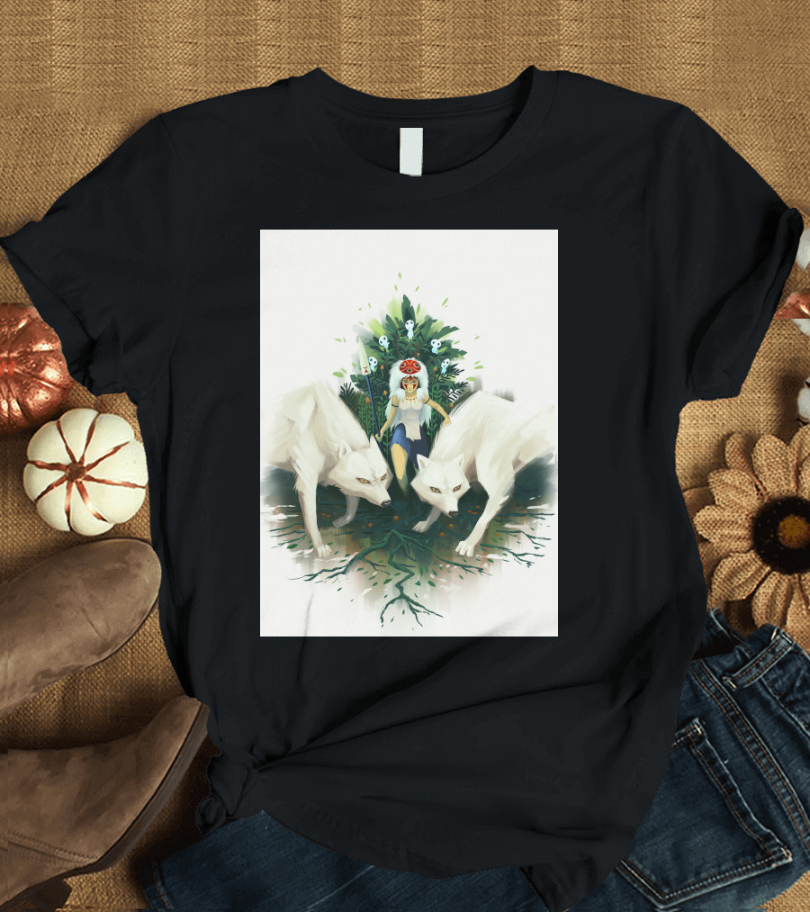 Forest Warrior Princess with Wolves and Skull Staff T-Shirt
