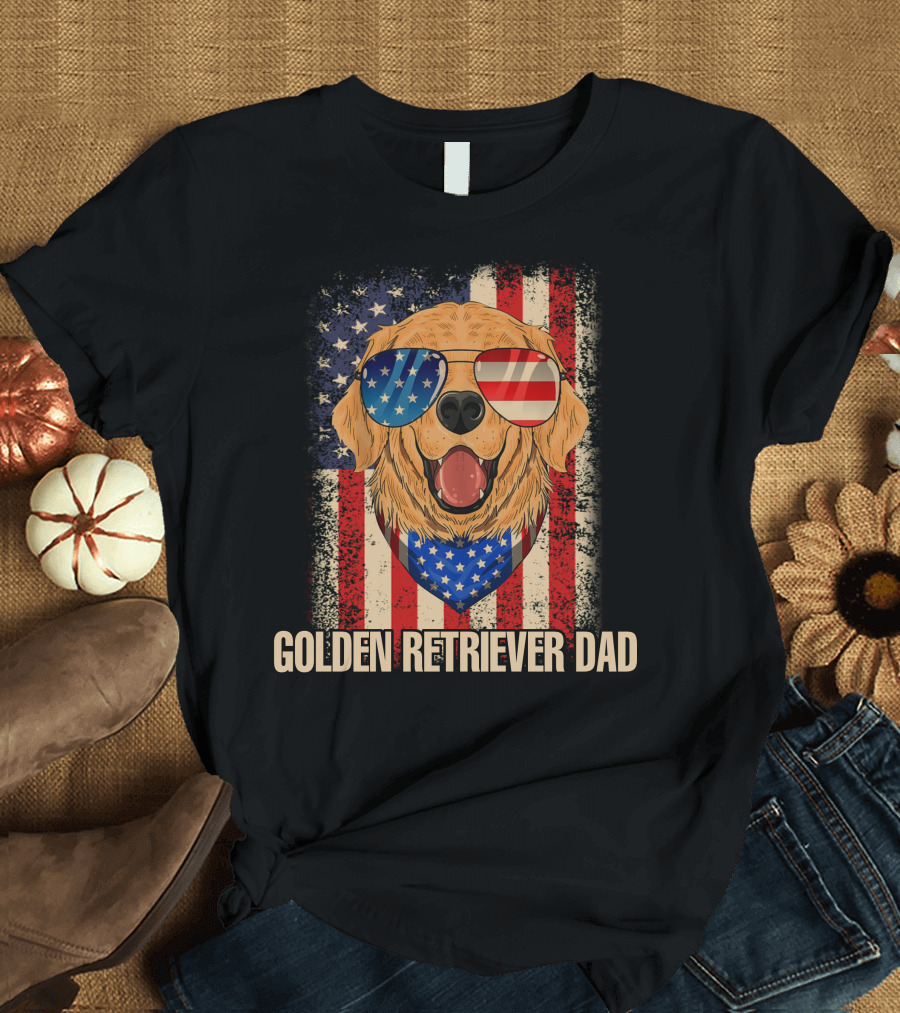 GOLDEN RETRIEVER DAD AMERICAN FLAG PATRIOTIC 4TH OF JULY T-Shirt