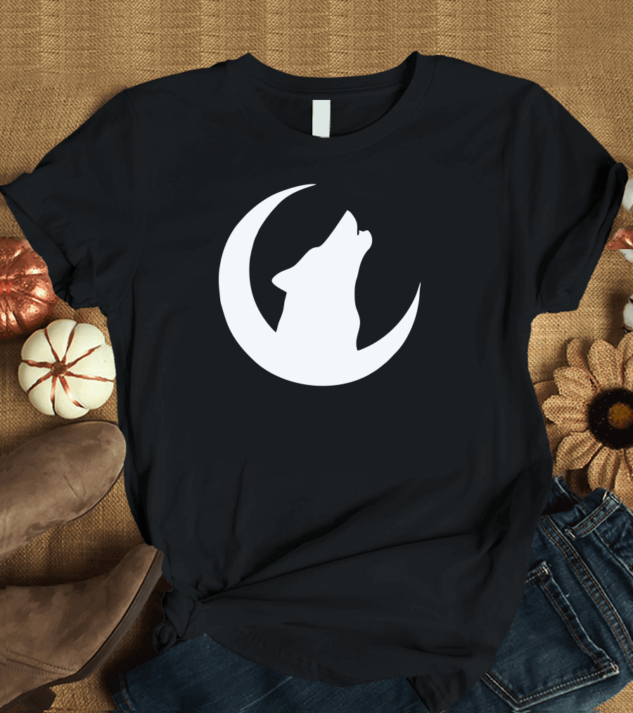 Howling Wolf Silhouette in Crescent Moon T-Shirt