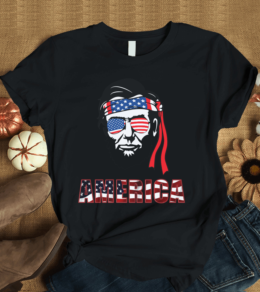 America Lincoln Patriotic Flag Bandana Sunglasses T-Shirt