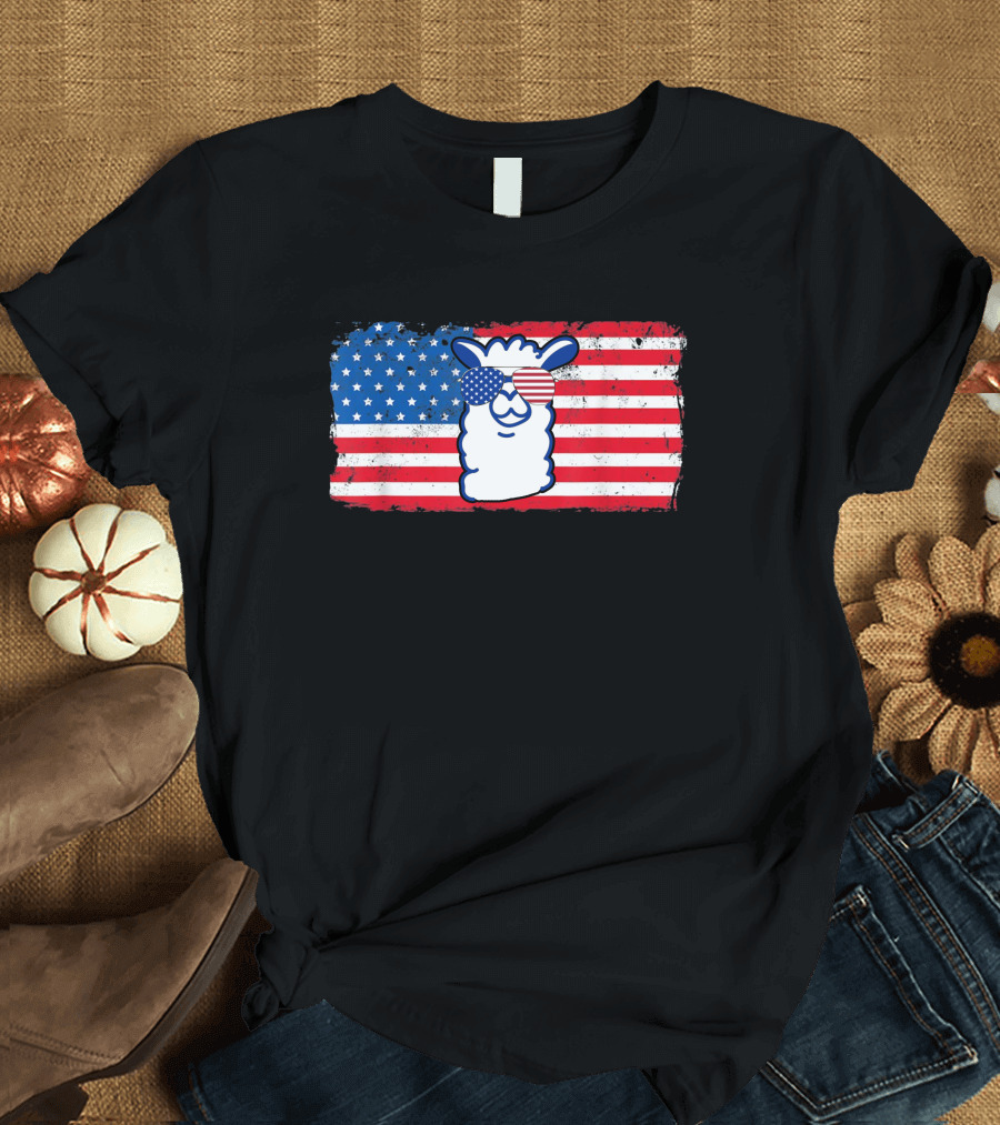 Llama American Flag Sunglasses Patriotic T-Shirt