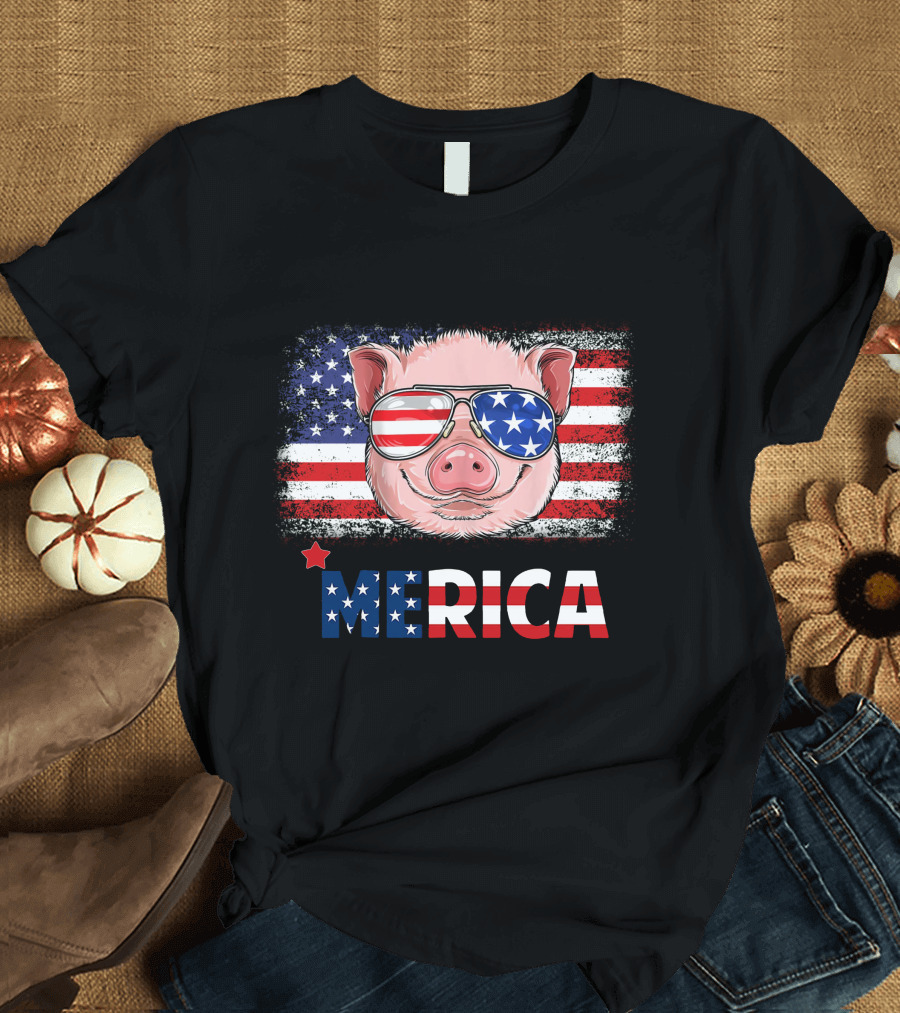 'Merica Pig with American Flag Sunglasses Patriotic 4th of July T-Shirt