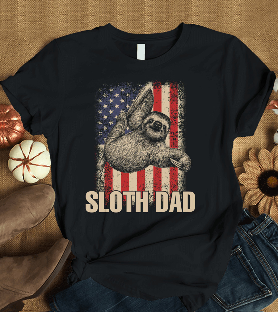 Sloth Dad American Flag Patriotic 4th of July T-Shirt