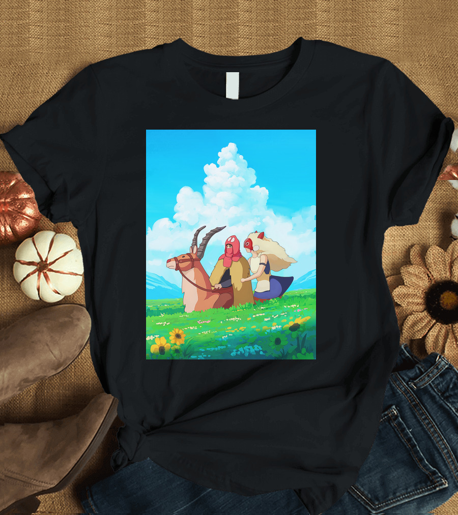 Princess Mononoke San and Ashitaka Riding Yakul in Floral Field T-Shirt