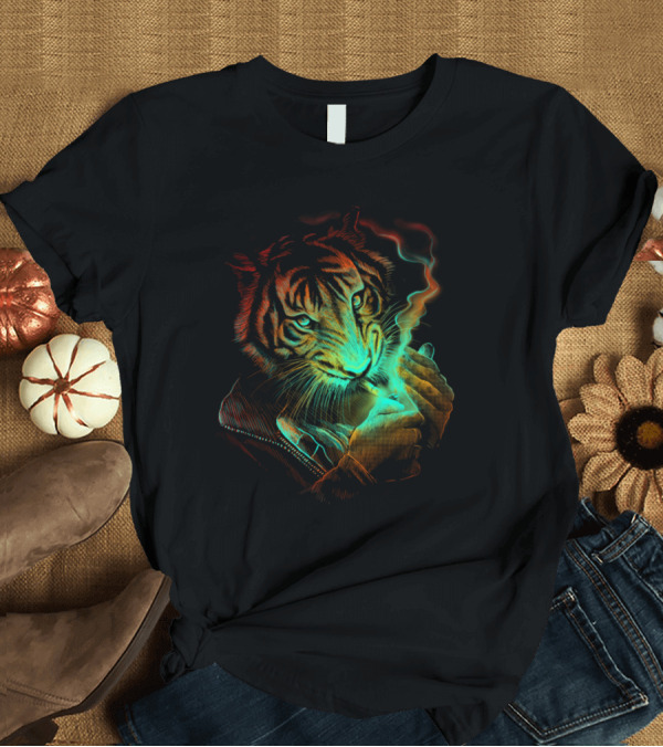 T-Shirt: Tiger with Neon Light Aura Smoking T-Shirt Tiger with Neon Light Aura Smoking T-Shirt