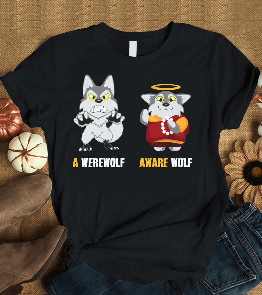 A Werewolf Aware Wolf Cartoon with Halo and Pearls T-Shirt