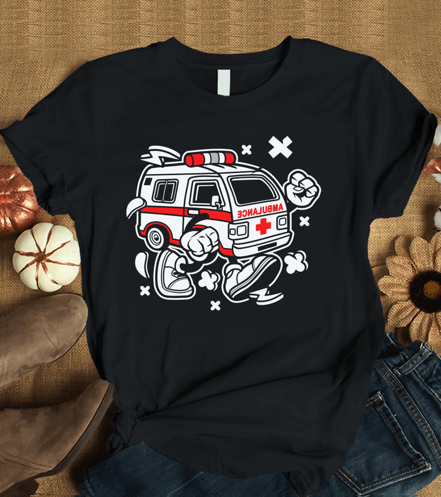 Ambulance Cartoon Character with Fists and Cross T-Shirt