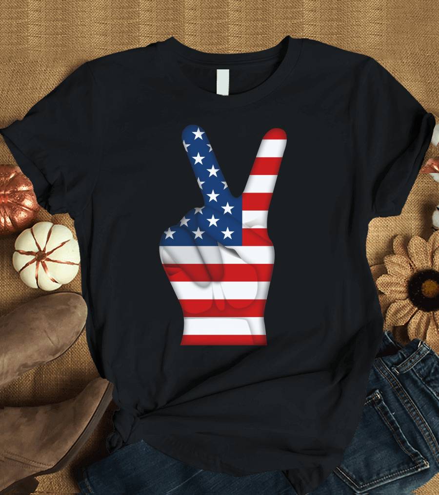 American Flag Peace Hand Gesture T-Shirt