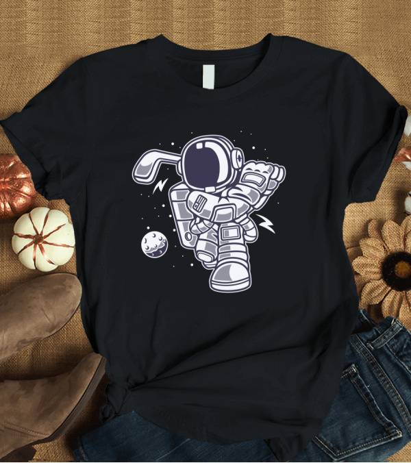 T-Shirt: Astro Golf Astronaut Swinging Club with Moon Ball T-Shirt Astro Golf Astronaut Swinging Club with Moon Ball T-Shirt
