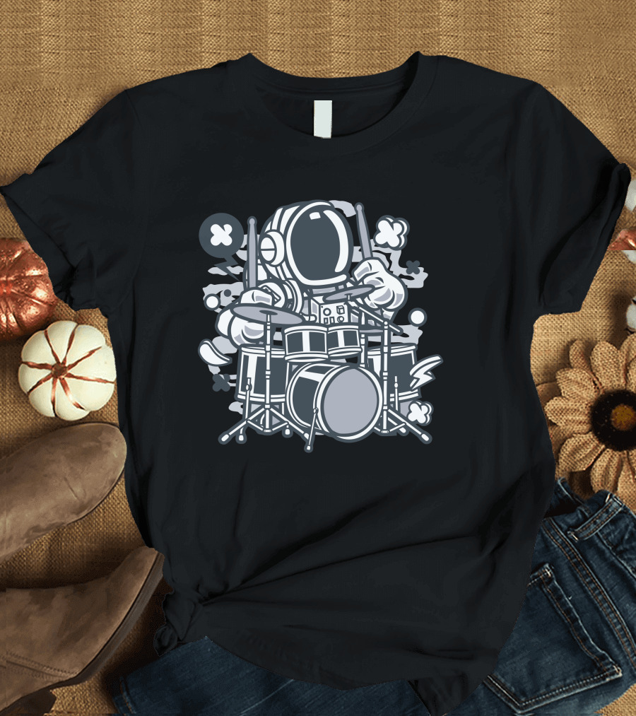 Astronaut Playing Drums in Cosmic Space Jam Session T-Shirt