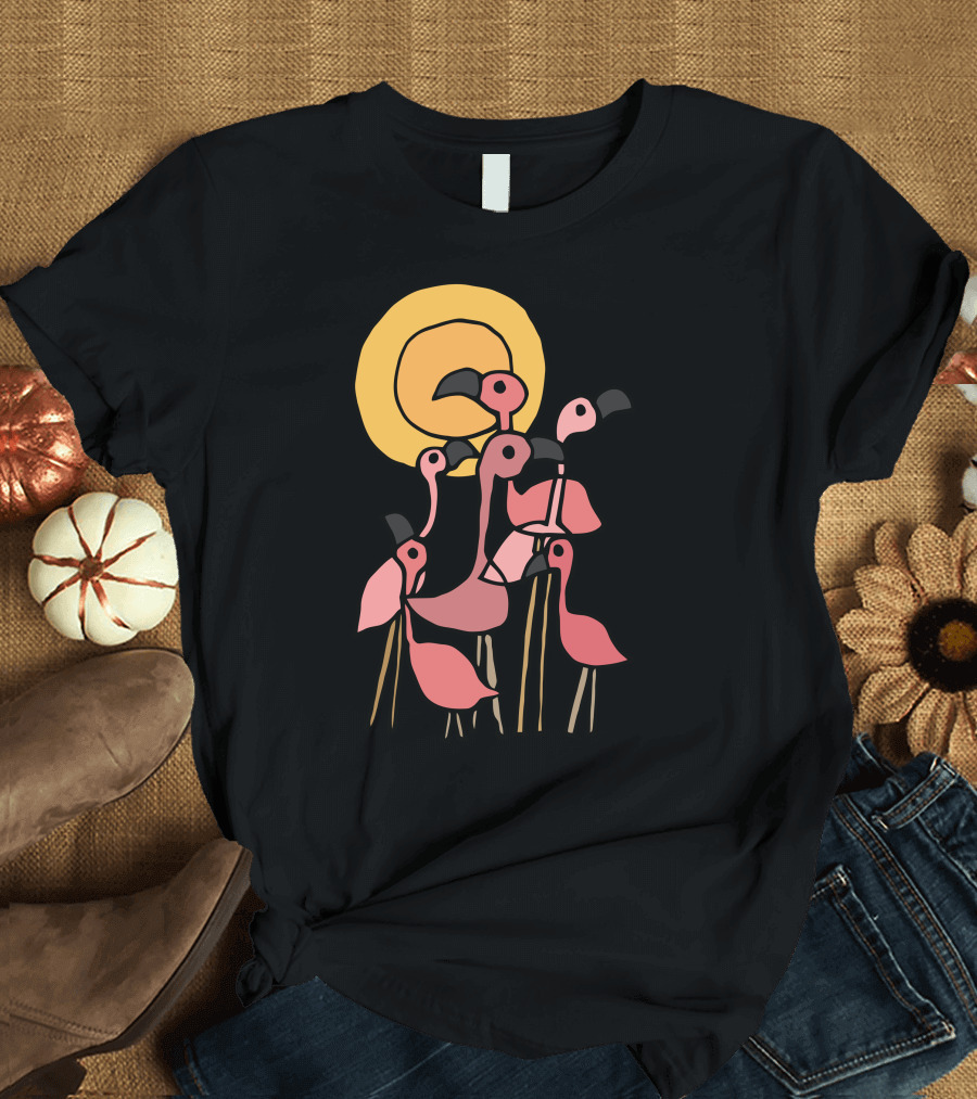 Playful Gathering of Pink Flamingo Birds Under the Sun T-Shirt