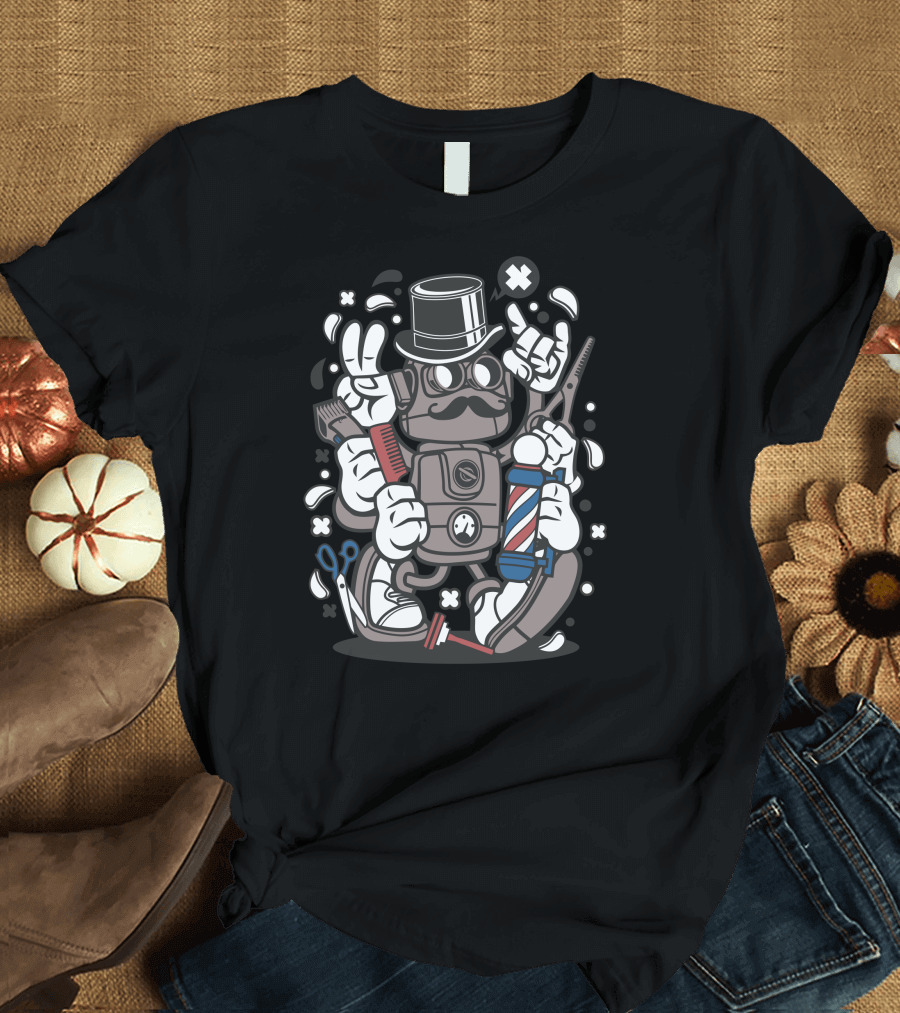 Barber Robot with Top Hat and Mustache Holding Comb and Barber Pole T-Shirt