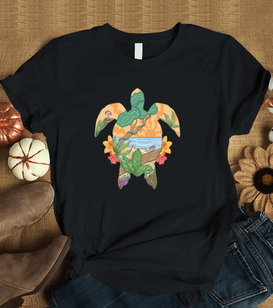 Beach Sunset Paradise Turtle with Tropical Flowers and Ocean Horizon T-Shirt