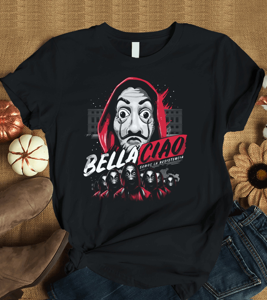 Bella Ciao Somos La Resistencia Red Hooded Figures and Masked Faces T-Shirt
