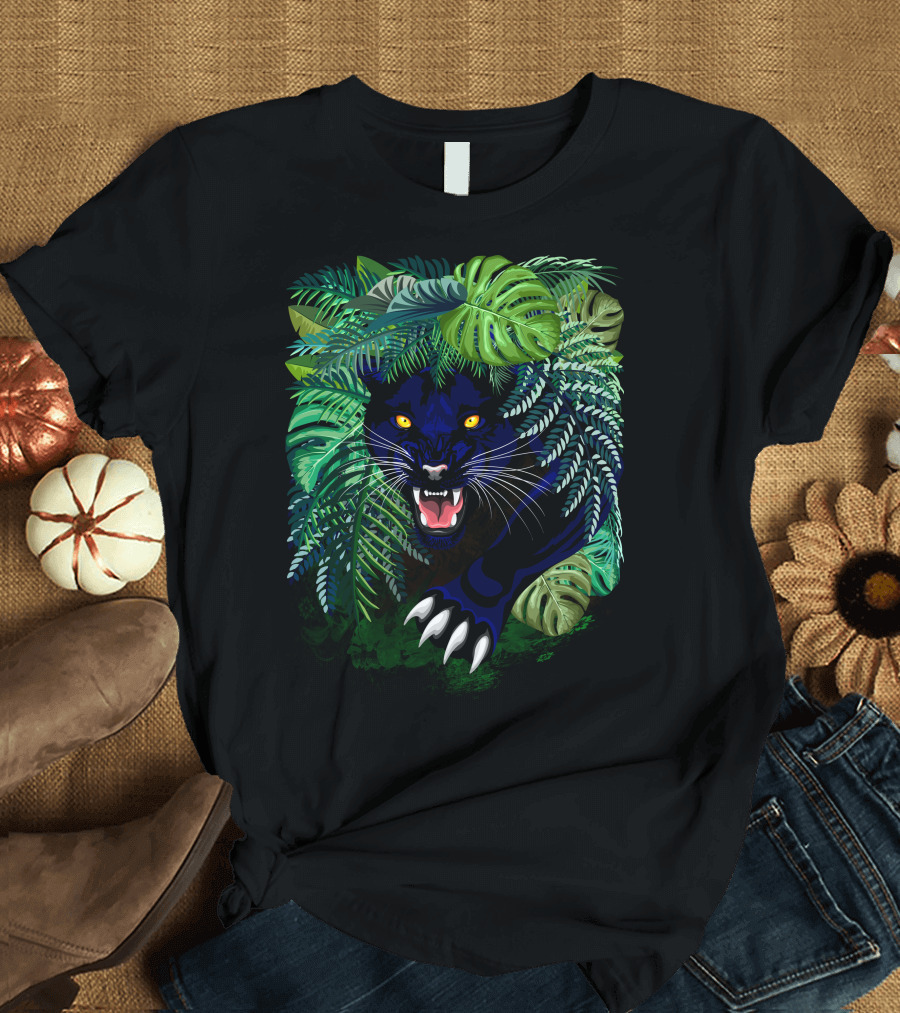 Black Panther Spirit of the Jungle Fierce and Hidden in Lush Green Leaves T-Shirt