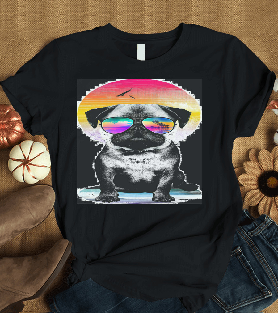 Cooltuffy Neon Sunset Pug with Tropical Sunglasses T-Shirt