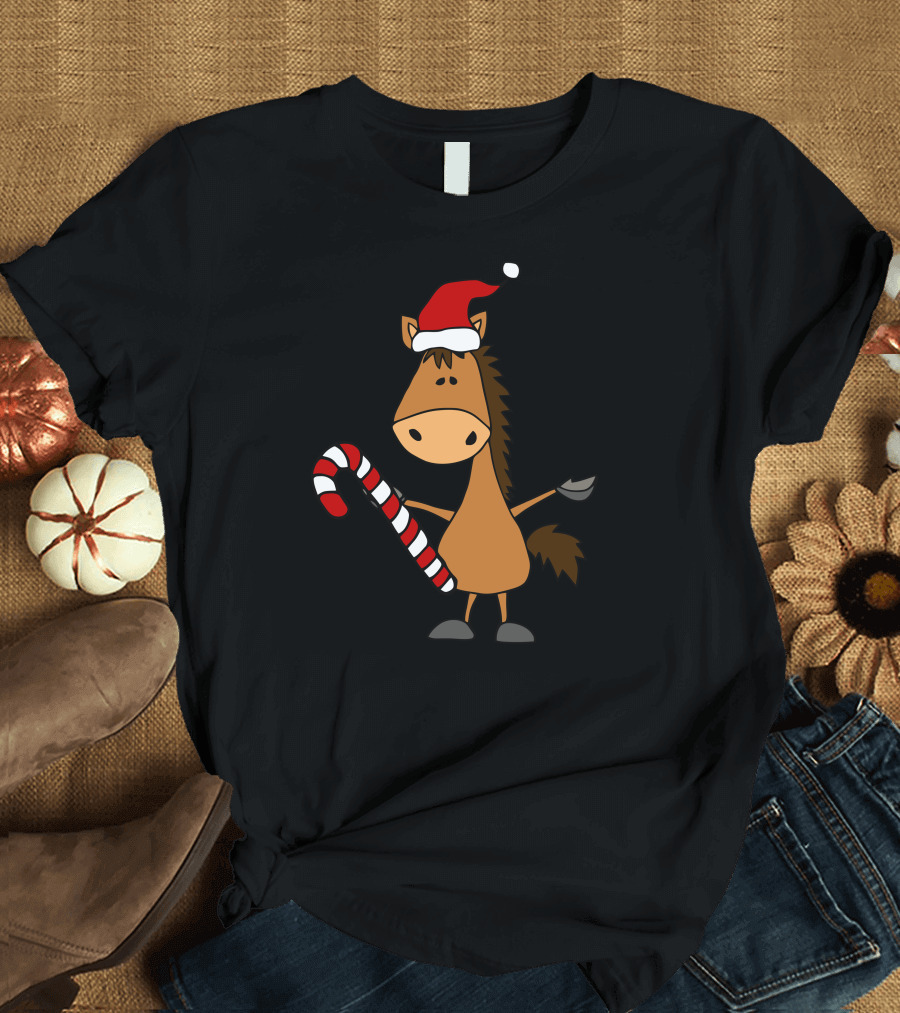 Cute Funny Horse Santa Hat Holding Candy Cane T-Shirt