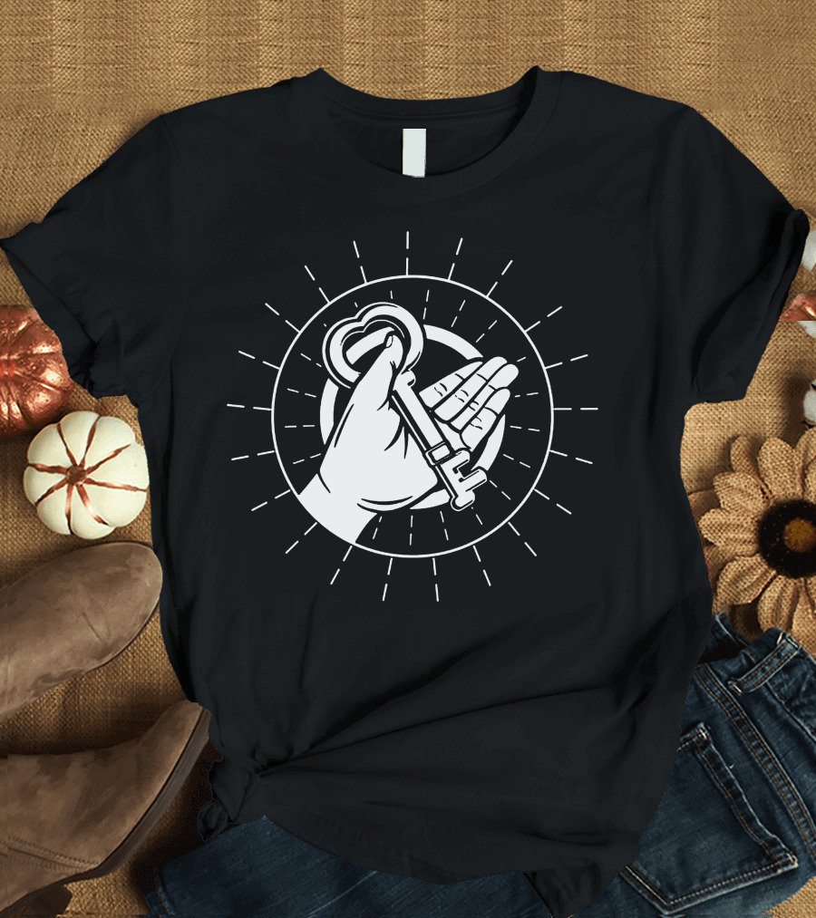 Key Of Life Hand Holding Heart Shaped Key Radiating Lines T-Shirt