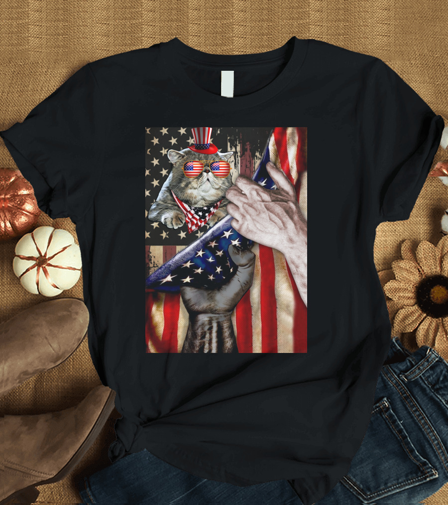 Meowica Cat 4th of July American Flag Celebration with Patriotic Accessories T-Shirt