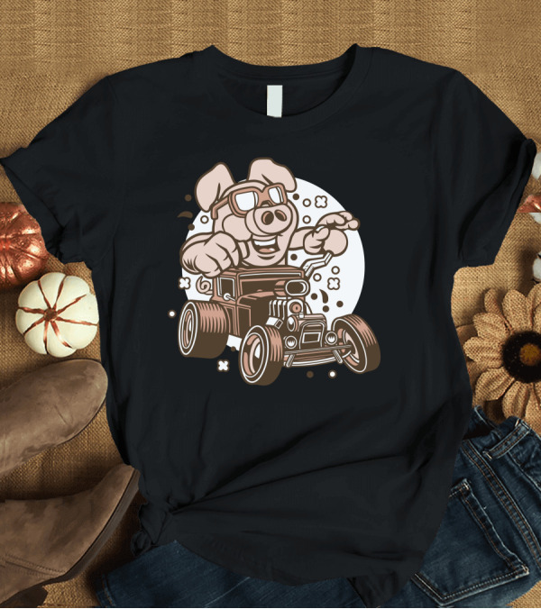 T-Shirt: Pig Driving Vintage Hotrod Car Racing Adventure T-Shirt Pig Driving Vintage Hotrod Car Racing Adventure T-Shirt