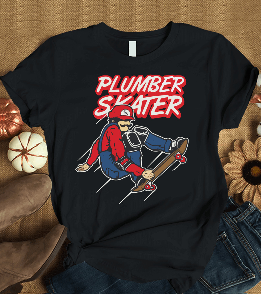 Plumber Skater Action with Iconic Red-Capped Character on Skateboard T-Shirt