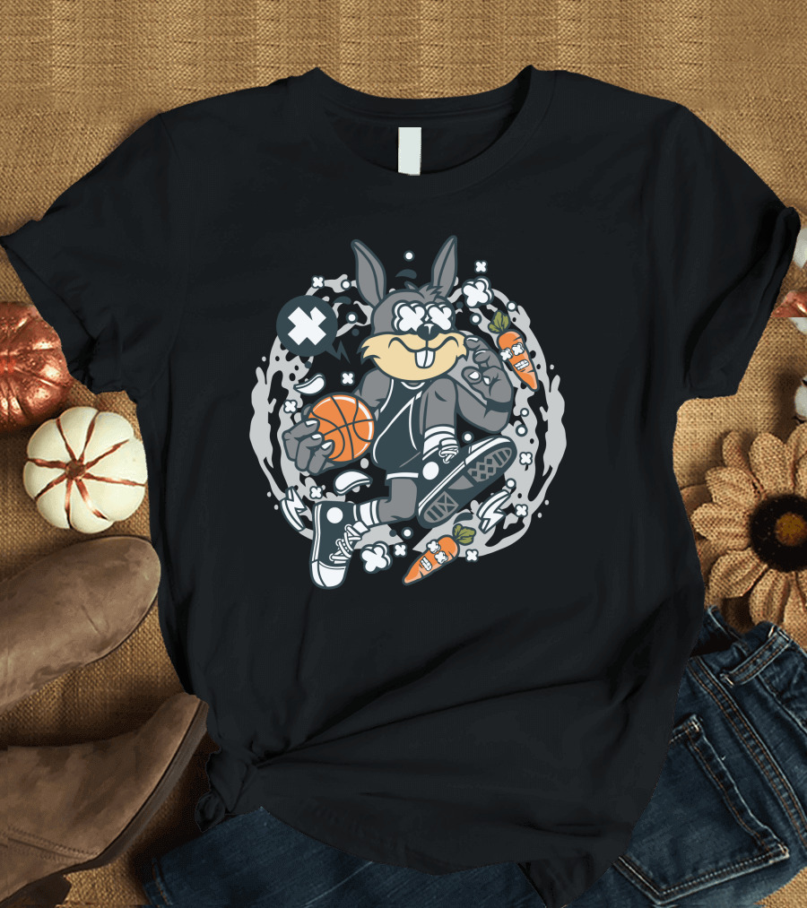 Rabbit Playing Basketball with Laughing Carrots T-Shirt