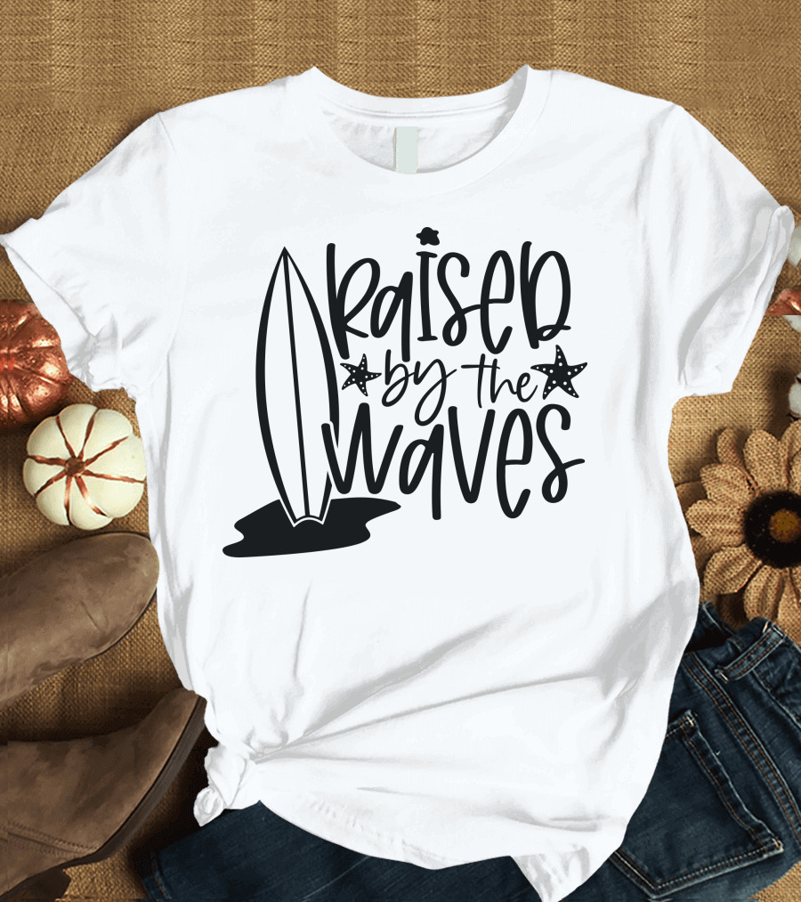 Raised By The Waves Surfboard Starfish Ocean Vibes T-Shirt