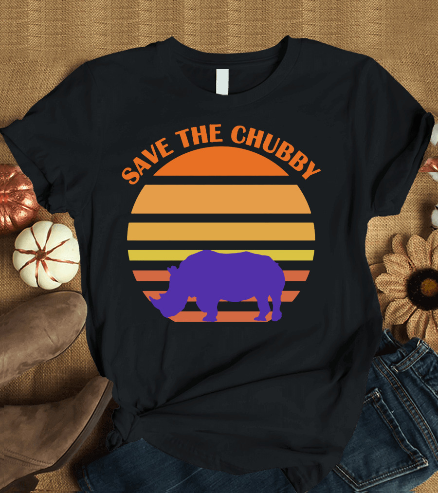 Save The Chubby Sunset Rhino Conservation Retro Stripe T-Shirt