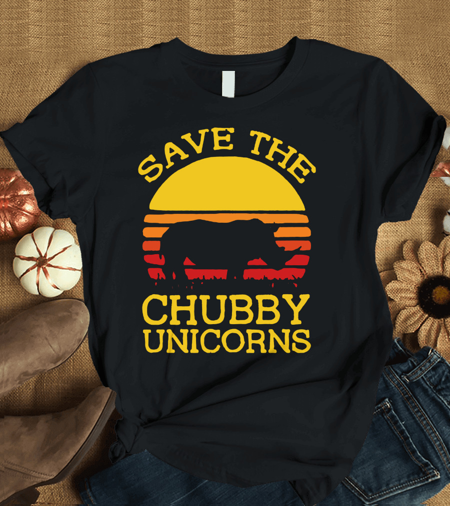 Save The Chubby Unicorns Retro Sunset Rhino T-Shirt