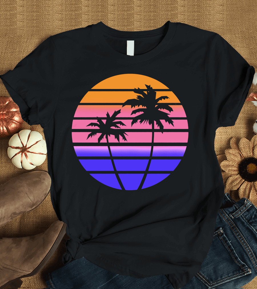 Tropicalia Sunset Palm Trees Retro Gradient Circle T-Shirt
