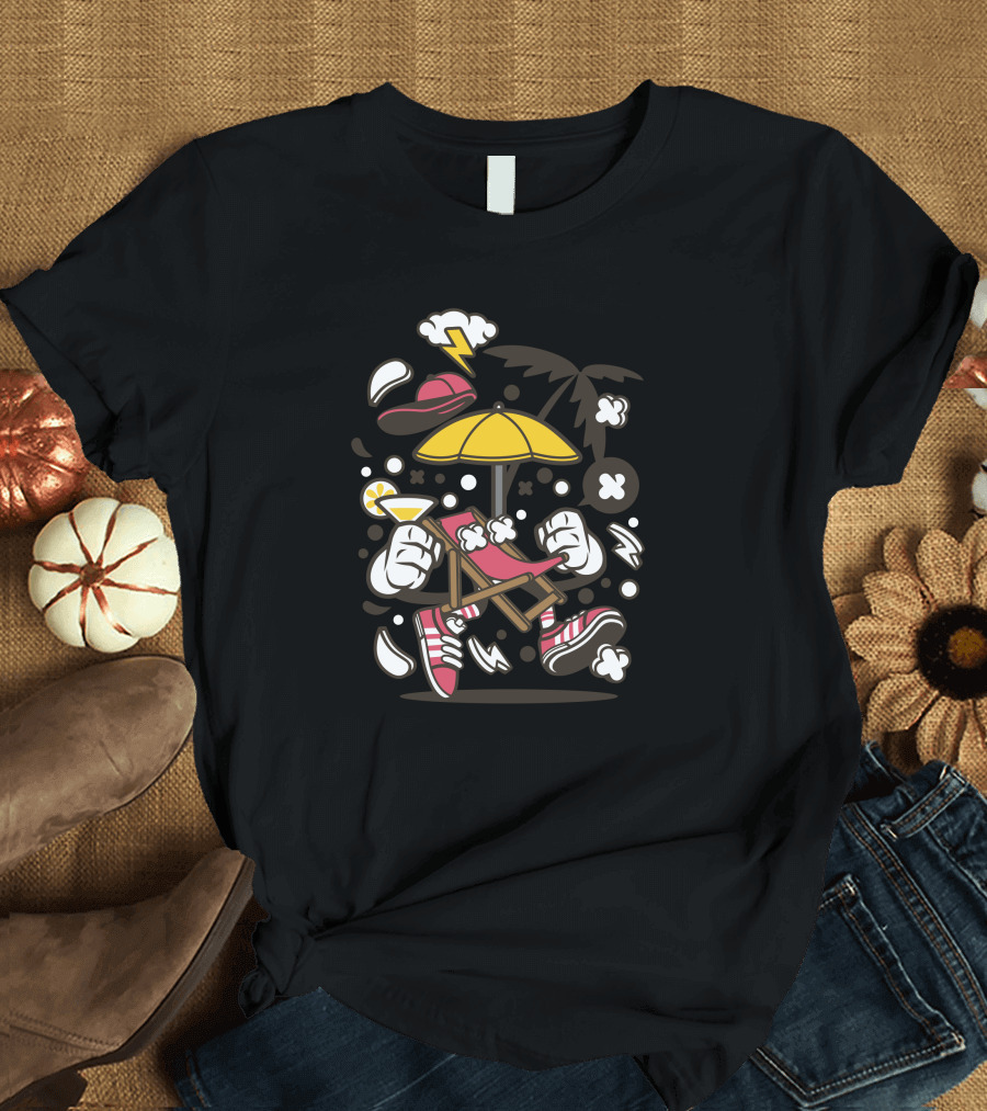 Beach Chair Cartoon Character Adventure Under Palm Umbrella with Lemonade and Sneakers T-Shirt
