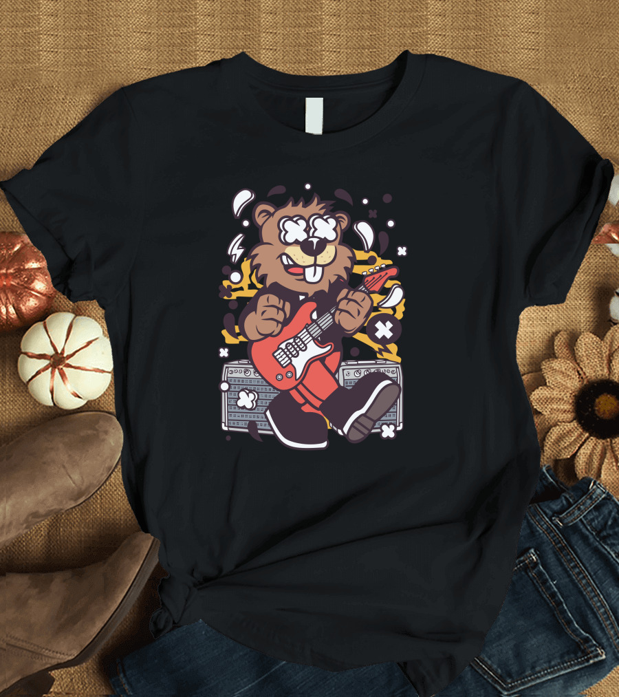 Beaver Rocker Cartoon with Electric Guitar and Amplifiers T-Shirt